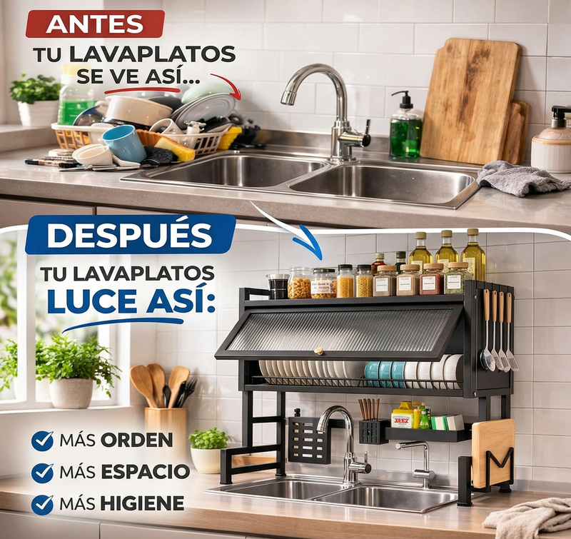 🔥 ORGANIZADOR ESCURRIDOR DE PLATOS CON TAPA – AHORRA ESPACIO Y ELIMINA EL DESORDEN